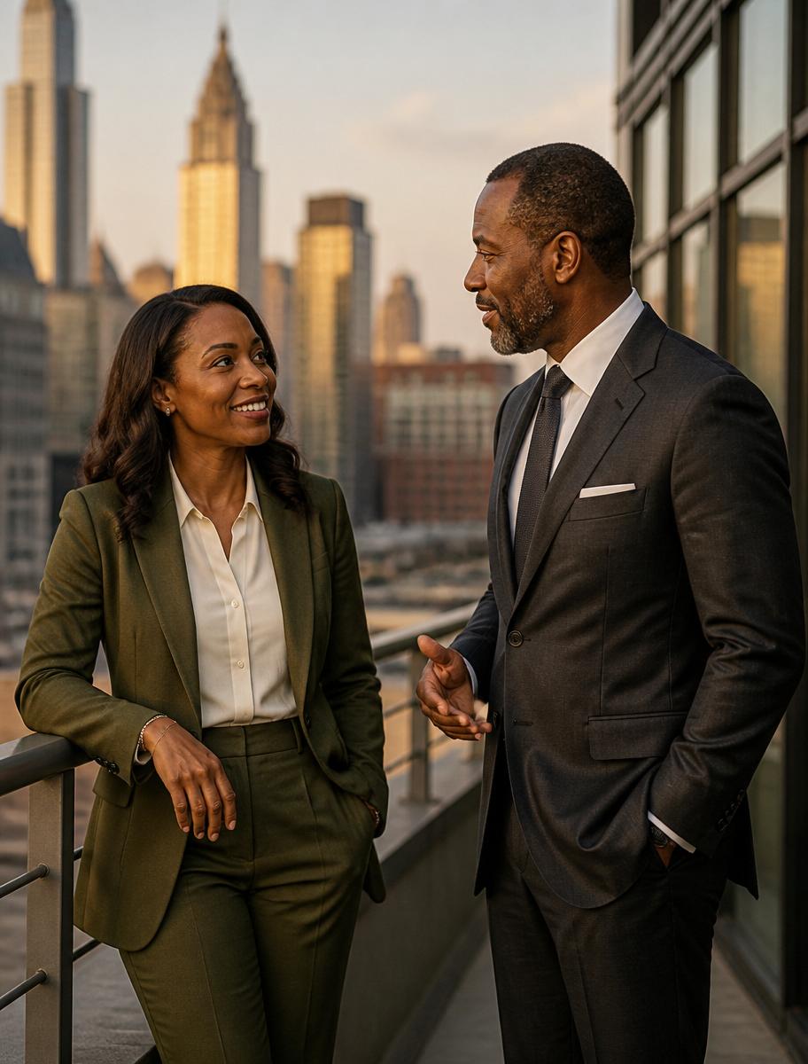 Two ELBOW consultants talking on an office terrace overlooking the city at golden hour