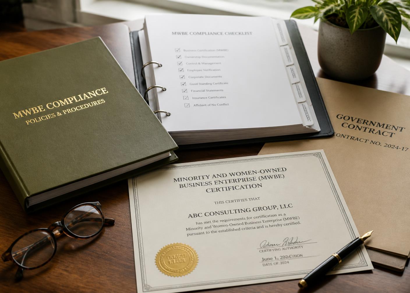 MWBE certification document with official seal, a compliance policies binder, and a government contract folder on a desk