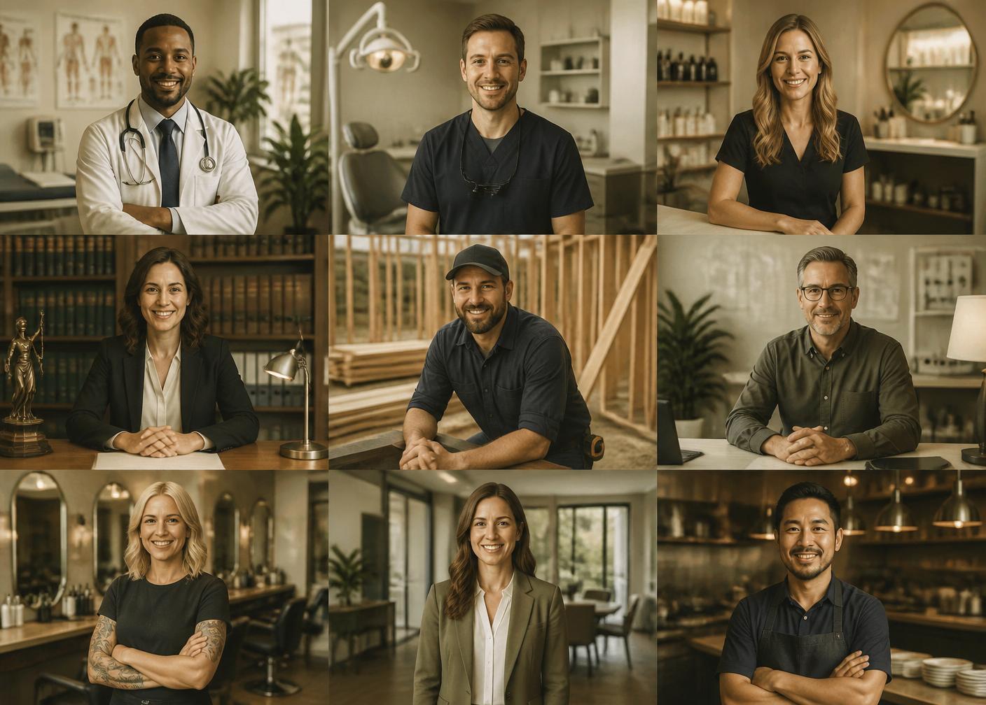 Portraits of nine business owners and executives — doctor, executive, contractor, lawyer, financial advisor, marketing director, restaurant owner, shop owner, real estate agent