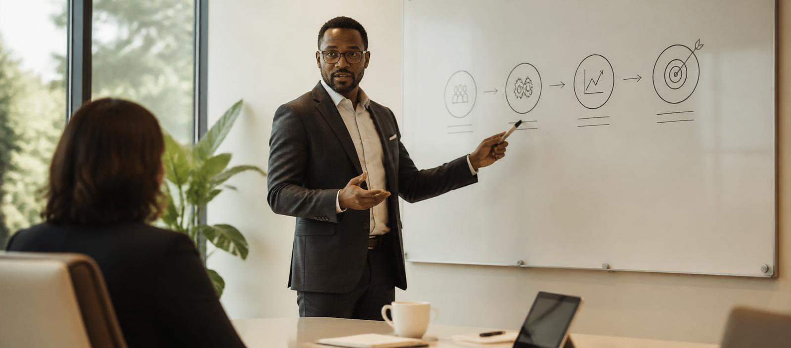 A Black man consultant walking a business owner through a four-step growth roadmap