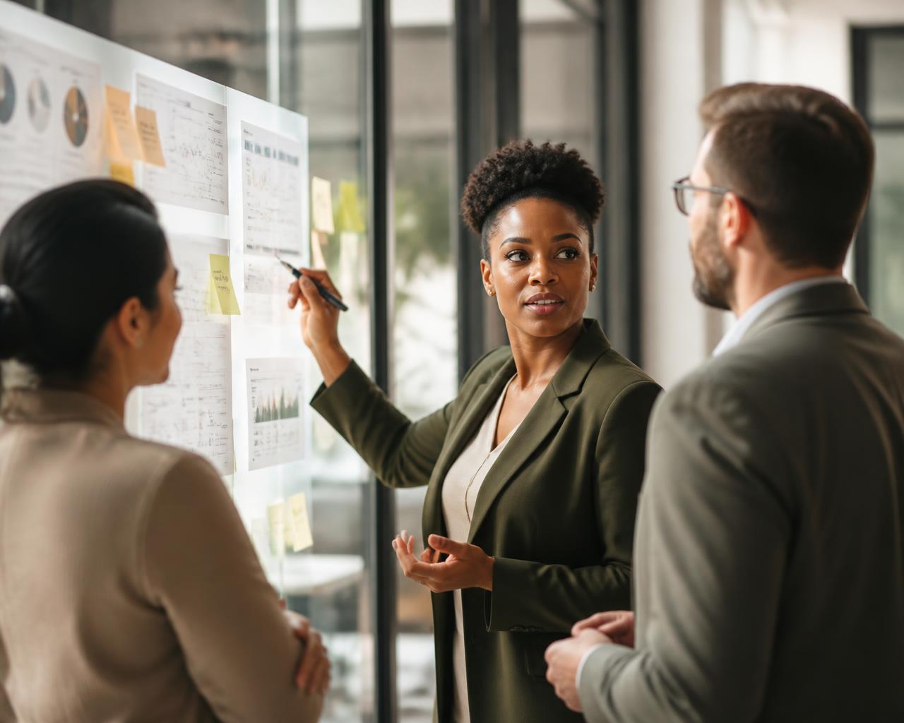 A Black woman consultant leading a working session on business systems and dashboards